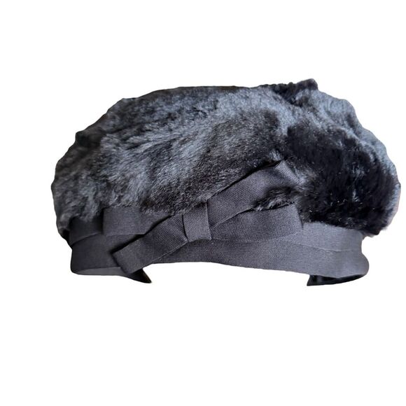 Vintage‎ Faux Fur Pillbox Hat Bow Union Made 1950's/60's Glam Aubrey Hepburn - Picture 1 of 8